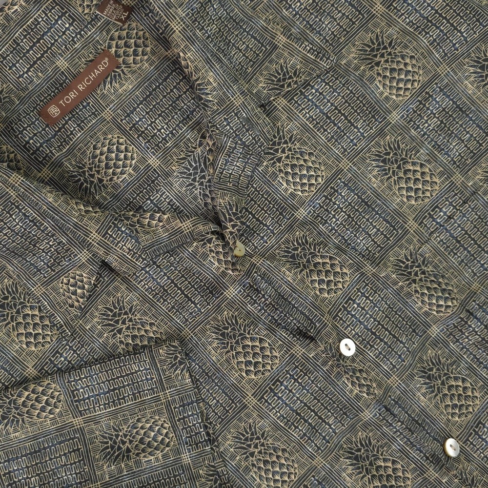 Tori Richard Shirt Mens XL Blue Pineapple Geometric Short Sleeve Cotton USA